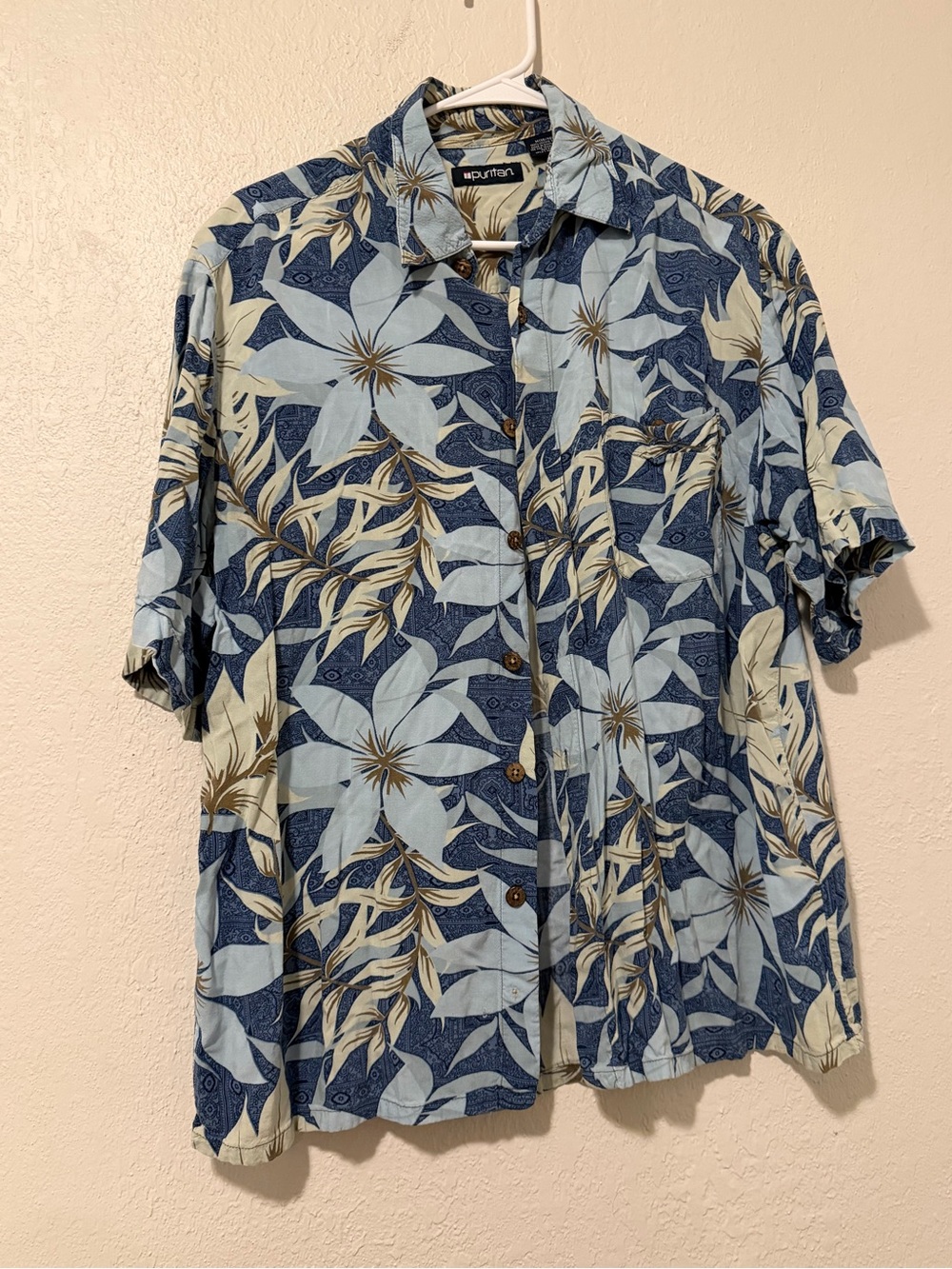 Puritan Blue and Cream Floral Short-Sleeve Button-Down Shirt